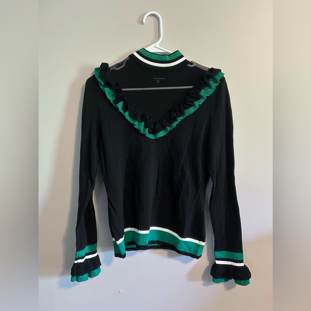 Moelleux Green Metallic Black Mock Neck Mesh Sweater Long Sleeve Pullover